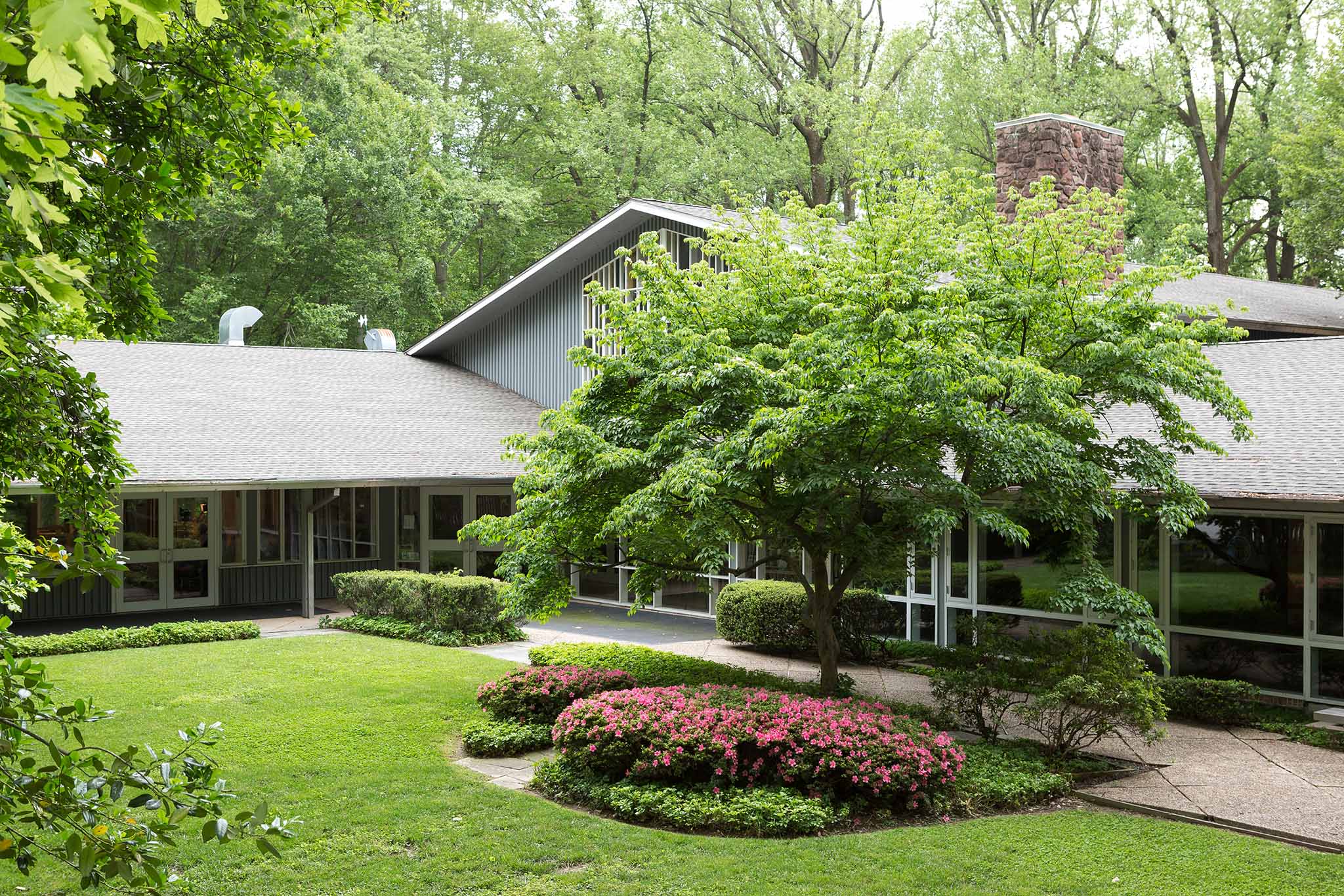 Cedar Lane building exterior with trees and grass